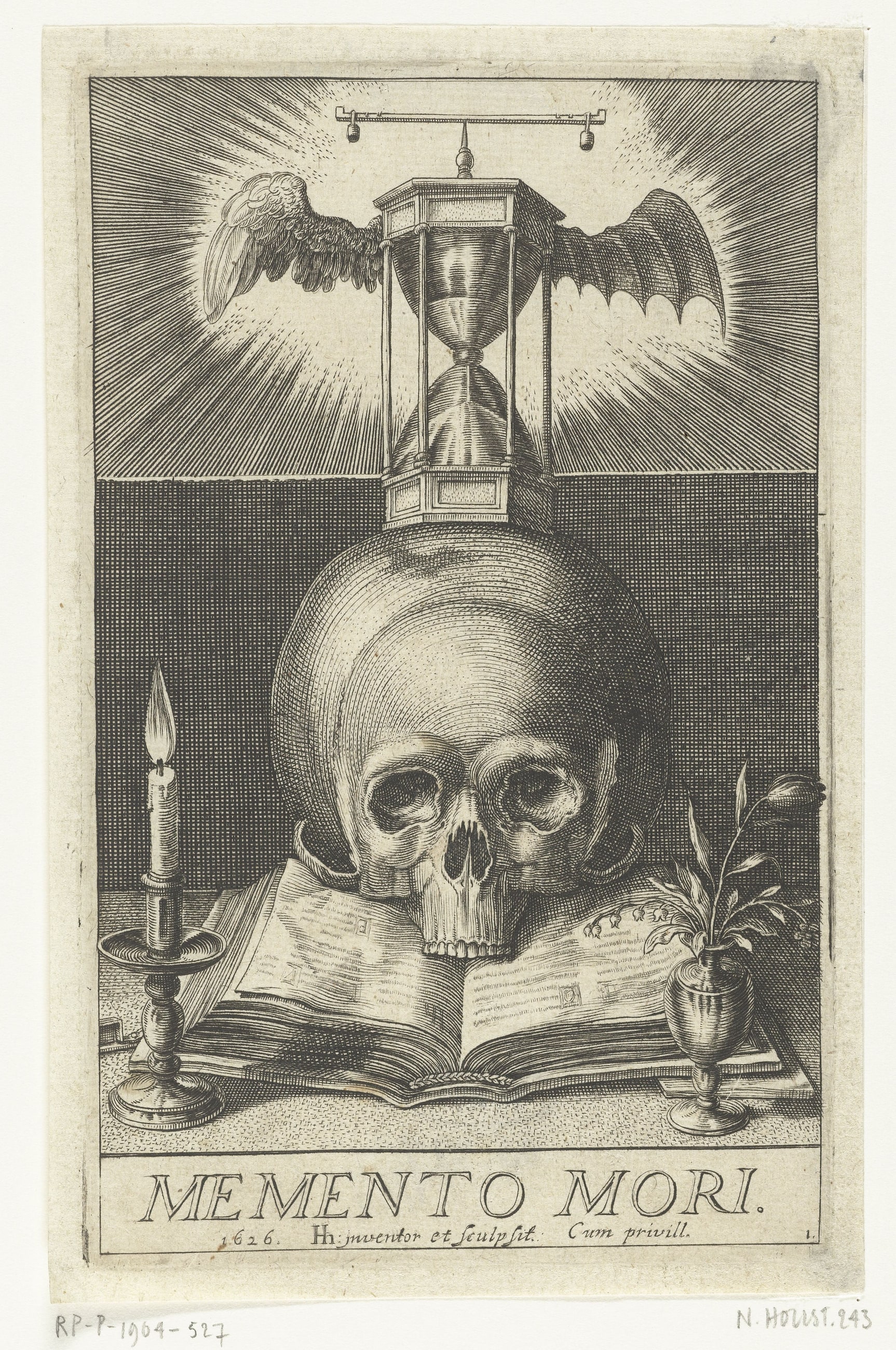 The Hourglass and the Skull — from a memento mori emblem book, Engraver unknown, c. 1650