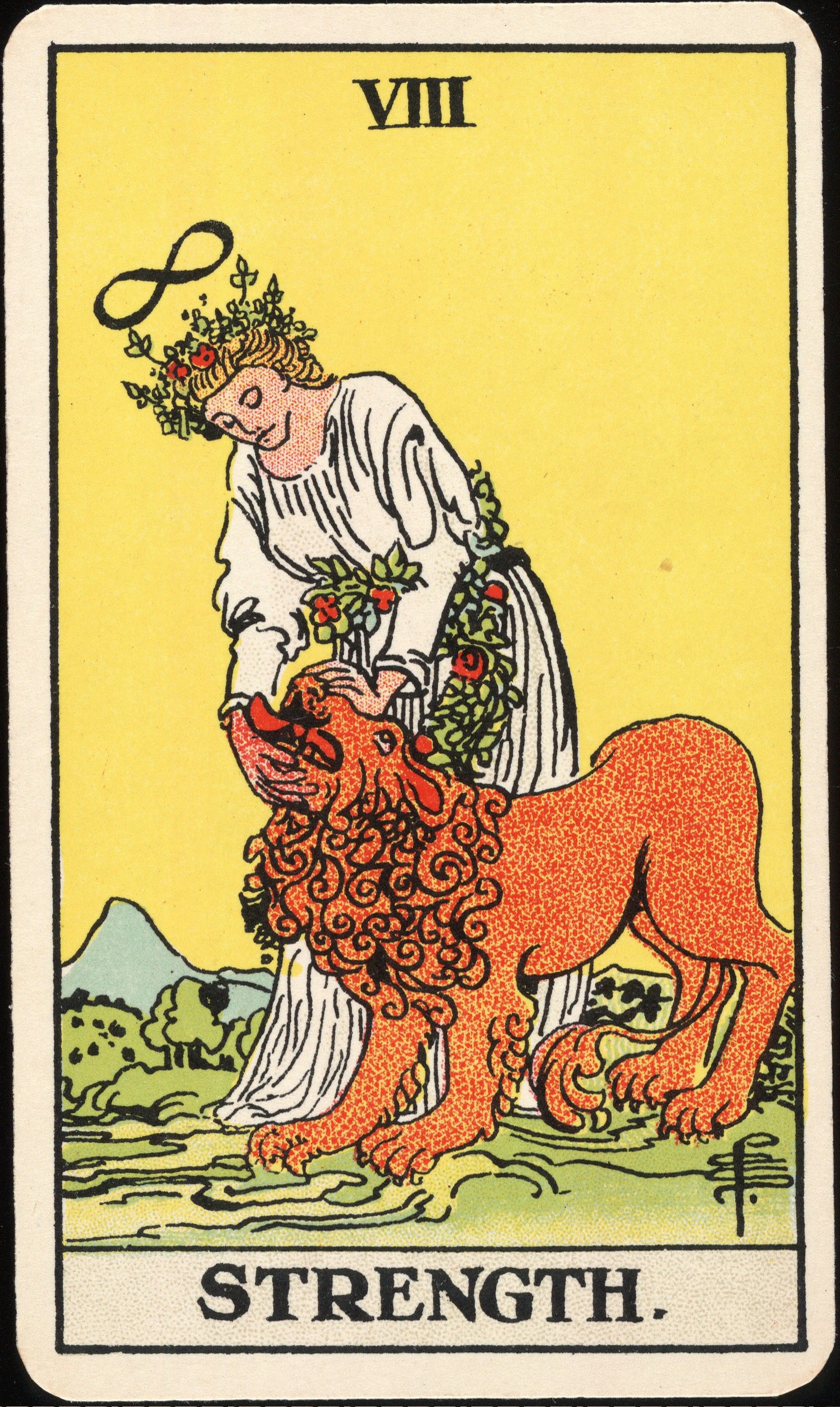 Strength — from the 1909 Waite–Smith deck, Pamela Colman Smith, for A. E. Waite, 1909