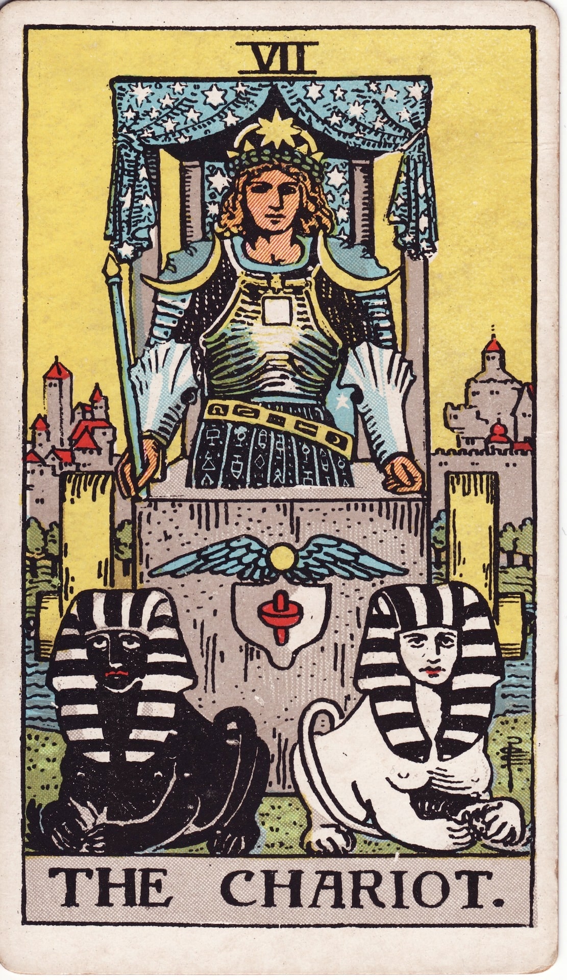 The Chariot — from the 1909 Waite–Smith deck, Pamela Colman Smith, for A. E. Waite, 1909