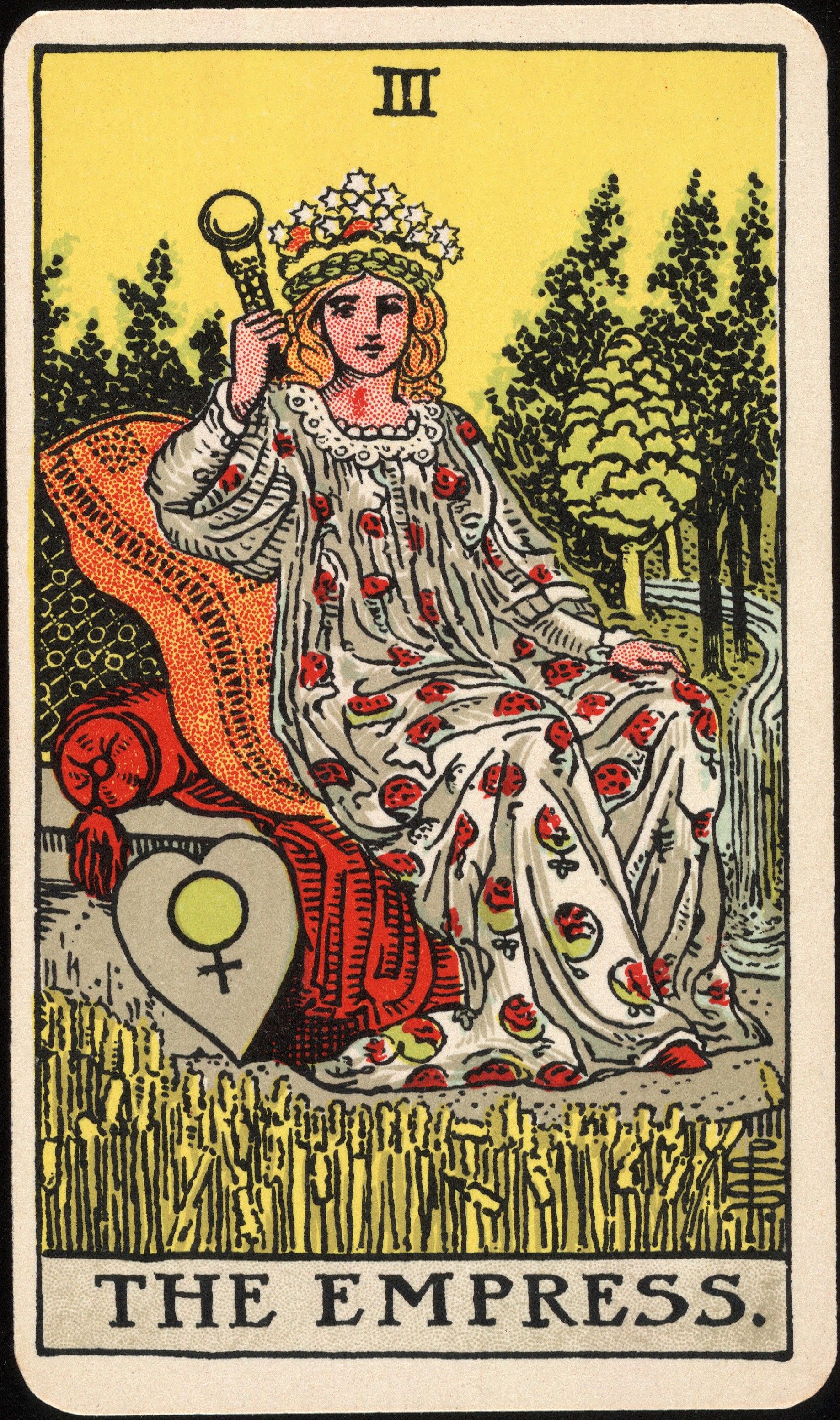 The Empress — from the 1909 Waite–Smith deck, Pamela Colman Smith, for A. E. Waite, 1909