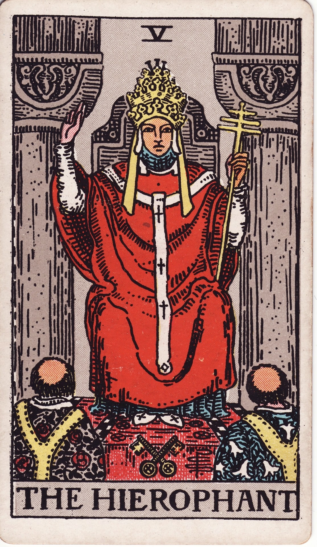 The Hierophant — from the 1909 Waite–Smith deck, Pamela Colman Smith, for A. E. Waite, 1909