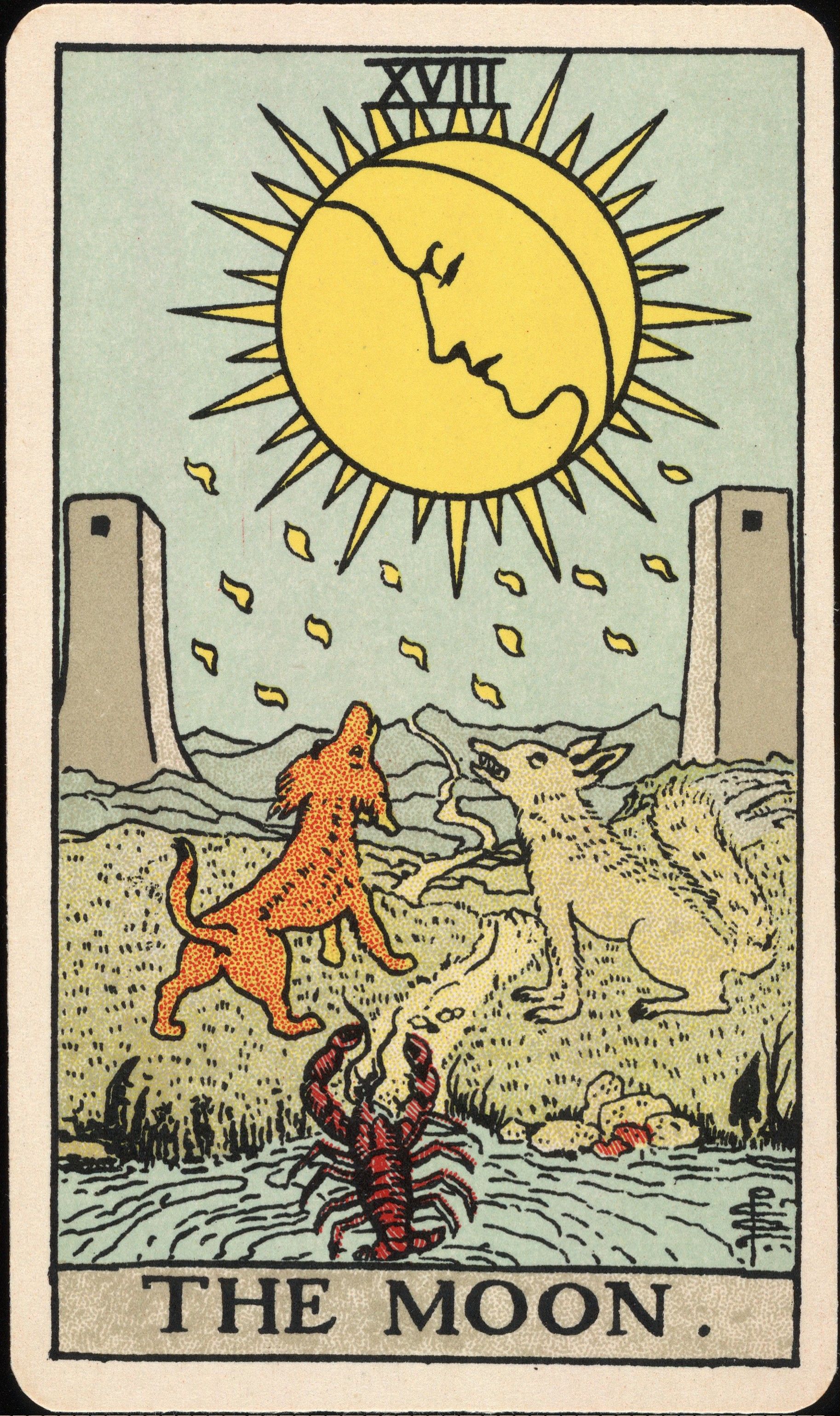 The Moon — from the 1909 Waite–Smith deck, Pamela Colman Smith, for A. E. Waite, 1909