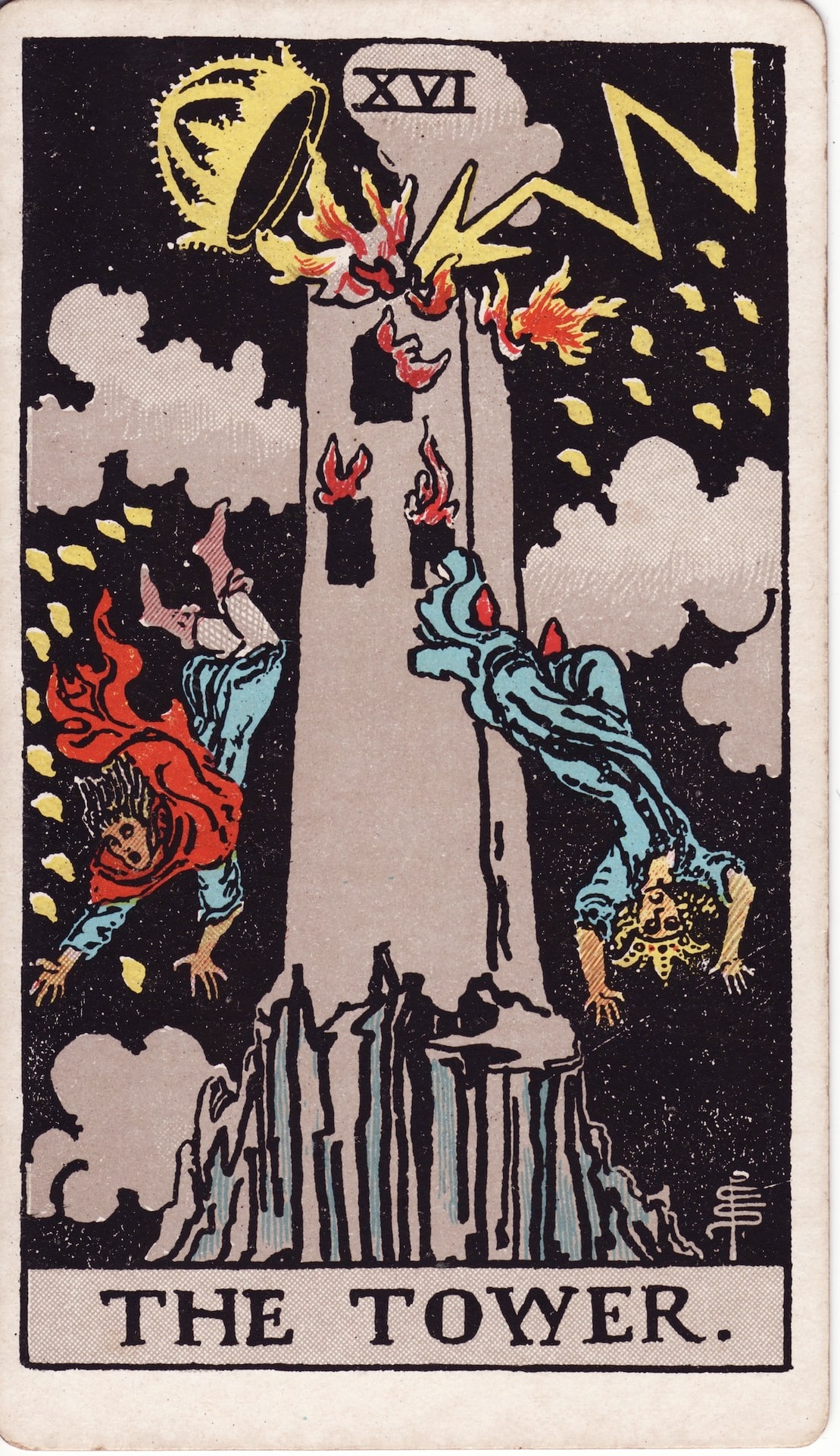 The Tower — from the 1909 Waite–Smith deck, Pamela Colman Smith, for A. E. Waite, 1909